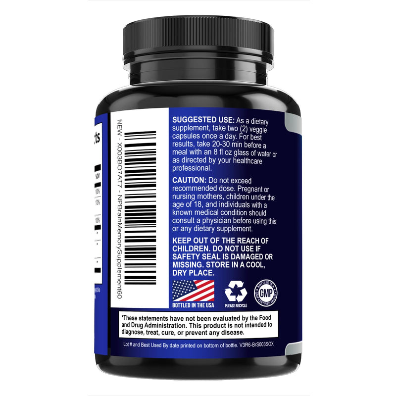 Brain Memory Supplement Pills - 3X Strength Nootropics for Concentration, Clarity & Focus Support - Brain Health Cognitive Vitamins B6 B12 with Folate & Phosphatidylserine, Brain Booster, 60 Capsules 60 Count (Pack of 1)