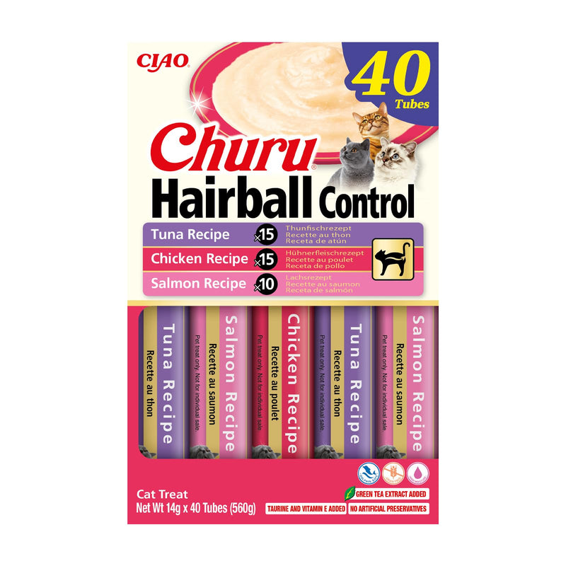 INABA Churu Hairball Control, Creamy Cat Treats for Hairball Care with Tuna, Chicken and Salmon Recipes, Smooth Purée with added Fibre, Rich in Omega 3 & 6, High Moisture, 40 Sticks x 14 g