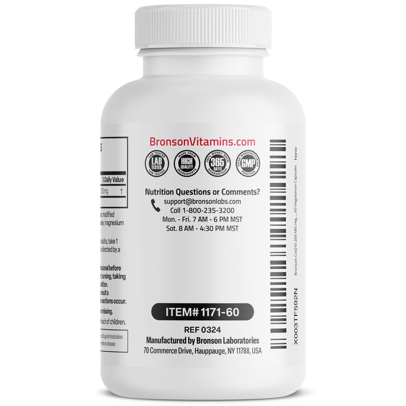 Bronson CoQ10 200 mg (Ubiquinone), High Potency, 60 Vegetarian Capsules | Cellular Energy Production, Powerful Antioxidant & Healthy Heart Function Support 60 Count (Pack of 1)