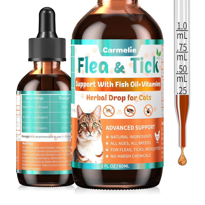Flea and Tick Prevention for Cats, Natural Cat Flea Liquid Drops, Flea & Tick Supplement with Vitamins & Fish Oil for Cats Healthy Skin & Coat - All Breeds, Kittens to Senior Cat - Chicken Flavor
