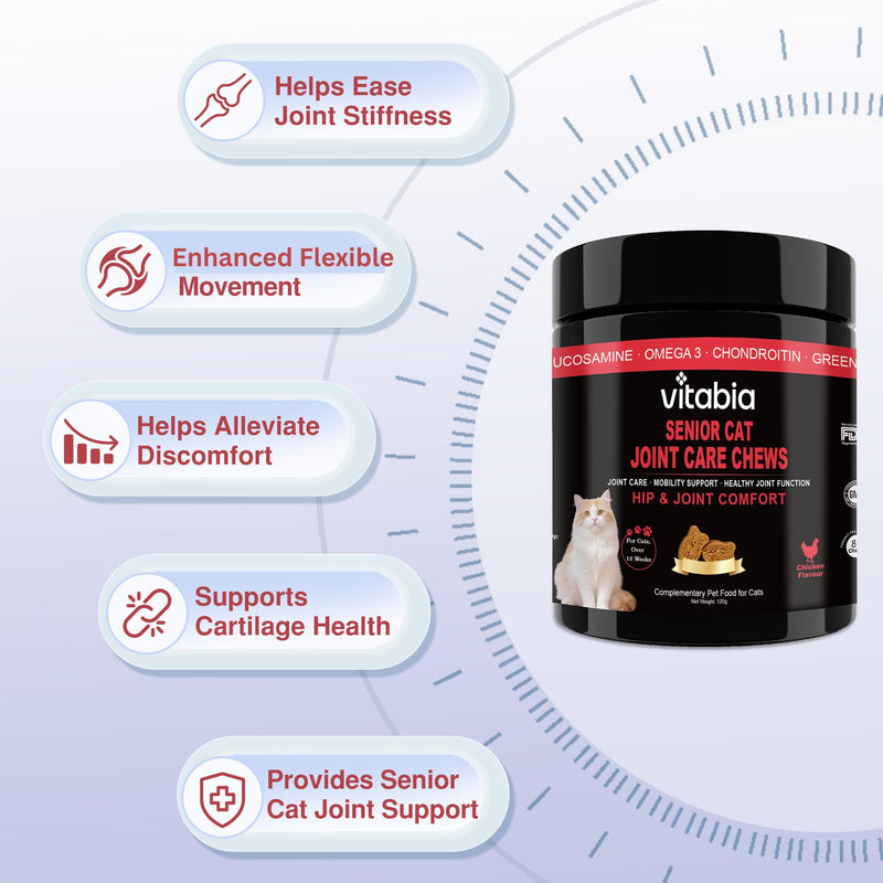 Senior Cat Joint Support Chews – Cat Arthritis, Hip & Joint Supplement with Glucosamine, Chondroitin, MSM, Green-Lipped Mussel, Omega-3 & Hyaluronic Acid – Mobility Relief for Older Cats Treats 80 Count