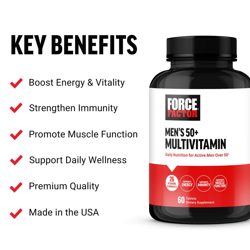 Force Factor Men’s Multivitamin 50 Plus, Multivitamin for Men | with 26 Vitamins and Minerals & Phytonutrients to Support Energy, Immune Health & Muscle Function, 60 Tablets Men's 50+