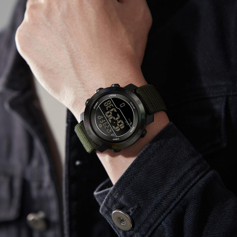 findtime Mens Digital Sport Watch Pedometer Step Counter Watches Military Minimalist Waterproof Tactical Outdoor Army Wrist Watch Dual Time Led Countdown Stopwatch Alarms Nylon Strap, No App Green