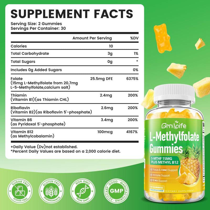 L-Methylfolate 15 mg Gummies with Methyl B12, Methylated B1, B2, B6, Active 5-MTHF & High Absorption - Supports Brain Health & Immune System, Pineapple Flavor, 60 Count 60 Count (Pack of 1)