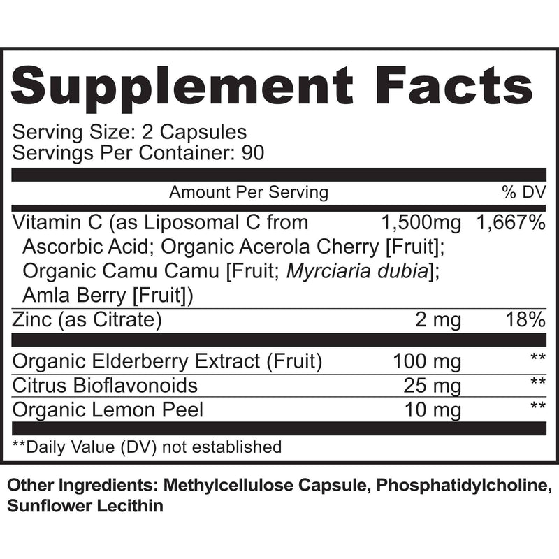 Liposomal Vitamin C with Zinc Capsules - Vit C Organic Elderberry, Amla, Camu Camu- Vitamina C High Absorption, Anti Aging, Immune Support,1500mg/Serving 3 Month Supply Gluten Free NON GMO Veggie Caps
