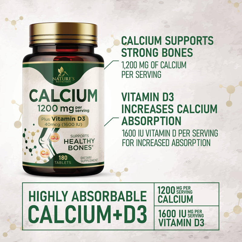Calcium 1200 mg with Vitamin D3 - Bone Health Supplement, Vitamin D & Calcium Supplements for Women & Men - Bone Strength, Teeth & Immune Support, Nature's Calcium Pills, Bottled in USA - 180 Tablets 180 Count (Pack of 1)