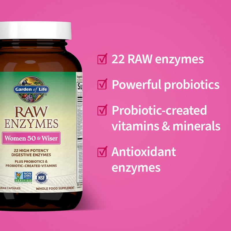 Garden of Life 22 Digestive Enzymes for Women 50 & Over with Bromelain, Papain & Lactase plus Probiotics & Vitamins B12, Biotin & Zinc – RAW Enzymes – Non-GMO, Gluten-Free, Vegetarian, 90 capsules | Digestive Enzymes for Women with Probiotics, Bromelai...