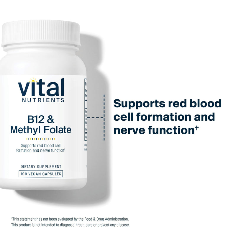 Vital Nutrients Vitamin B12 & Methyl Folate - Vegan Methylated Folate & B12 Supplement - 5-MTHF Plus B12 Supports Nervous System & Metabolism* - Gluten, Dairy, Soy Free - 100 Capsules 100 Count (Pack of 1)
