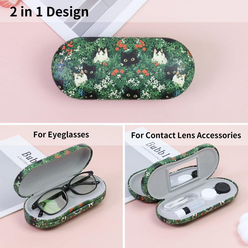 2 in 1 Contact Lens Case and Eyeglasses Case for Women Men Kids, Double Sided Hard Shell Portable Glasses Travel Holder with Built-in Mirror, Contact Lens Box Storage Kit (Green Cat) Green Cat