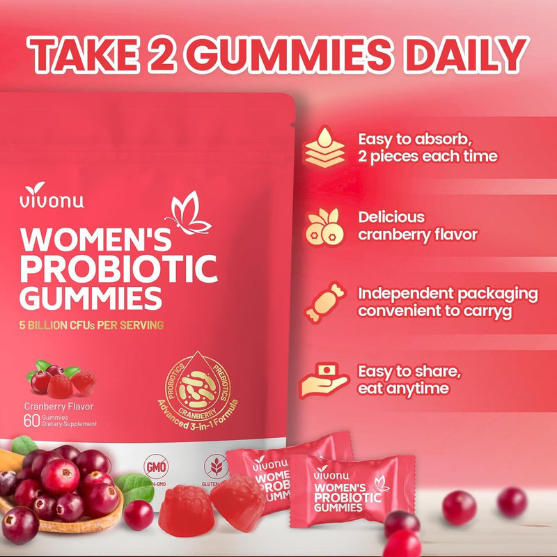 VivoNu Probiotics for Women, Women Probiotic Gummies, 500 Million CFUs | Fiber | Feminine Balance Gummies for Healthy Odour,Digestive Support and Gut Health+Vitamin C for Immune Support - 60 Gummies 60pcs/1bag-cranberry