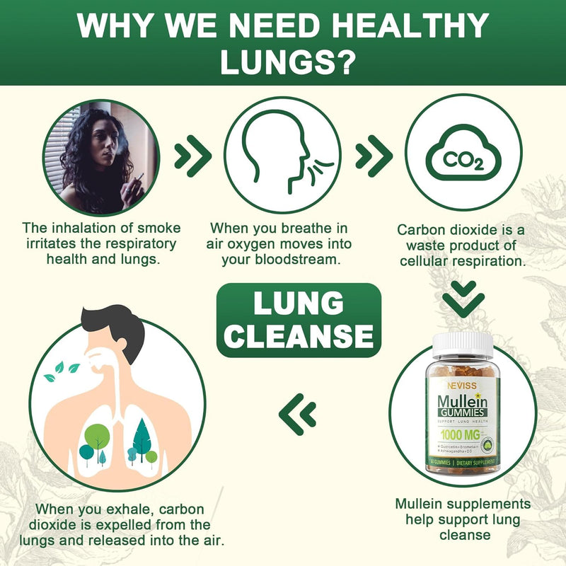 NEVISS Mullein Gummies for Lungs, Organic Mullein Leaf Extract 1000mg for Respiratory System with Quercetin & Bromelain, D3 for Digestive Support, Immune Booster, Sugar Free, Vegan, 120 Count 60 Count (Pack of 2)