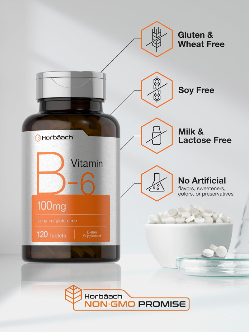 Horbaach Vitamin B6 100mg | 120 Tablets | Pyridoxine HCl | Vegetarian, Non-GMO & Gluten Free Supplement