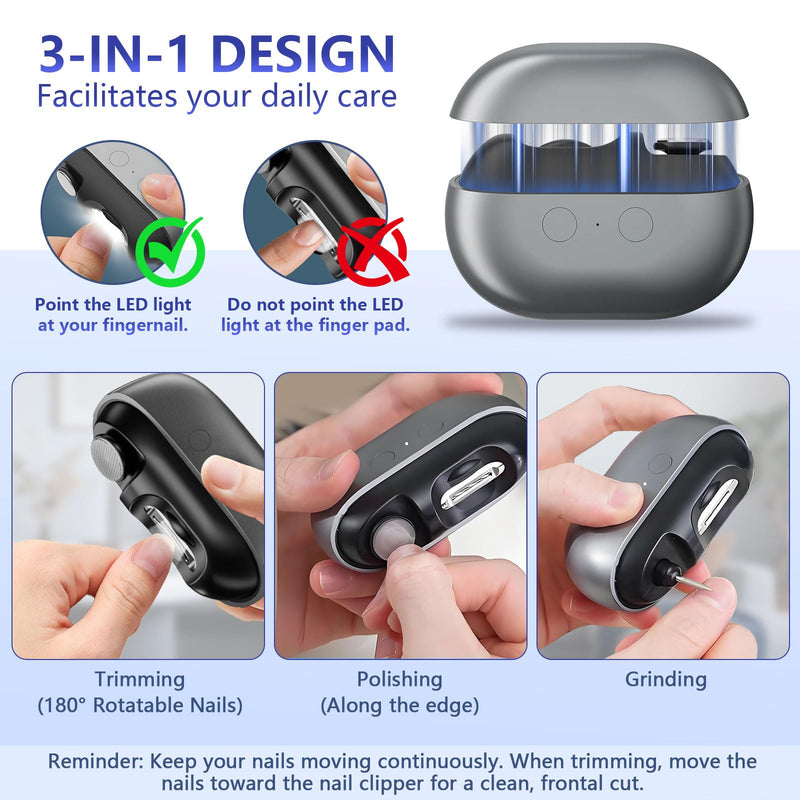 2026 Upgraded 3-in-1 Electric Nail Clippers for Seniors with LED Light, 2-Speed Automatic Nail Trimmer, Cutter for Seniors Adults Kids - BeesActive Australia