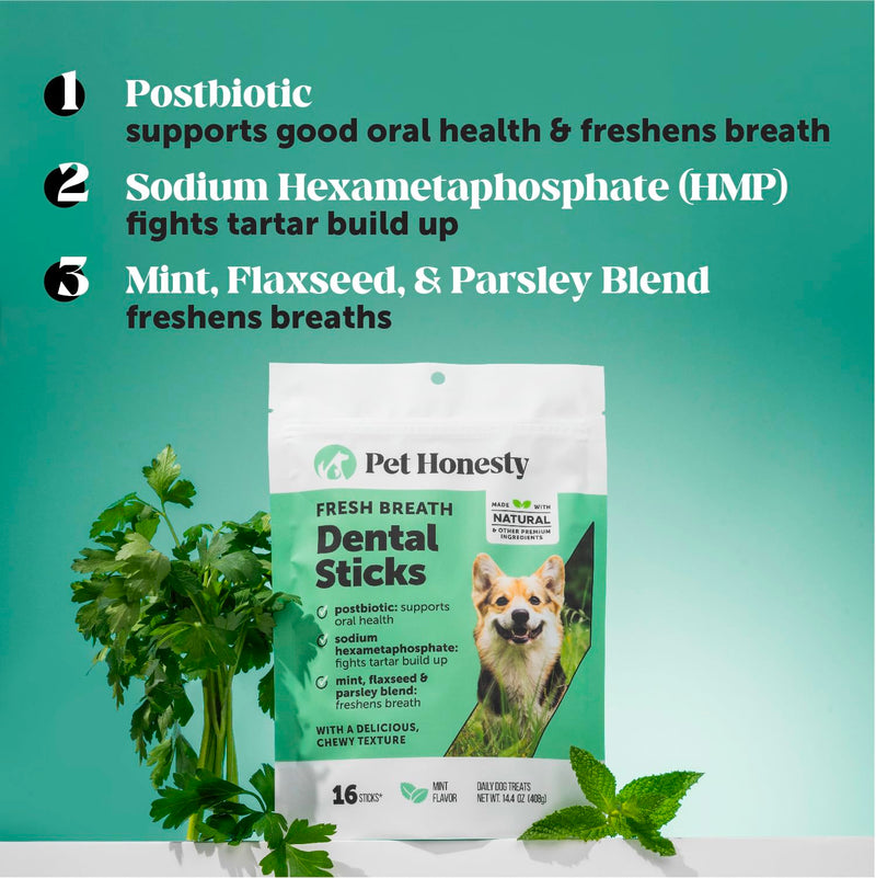 Pet Honesty Dog Dental Care Virtual Bundle – Mint Dental Powder 60 Servings + Fresh Sticks Oral Hygiene Chews 16 ct
