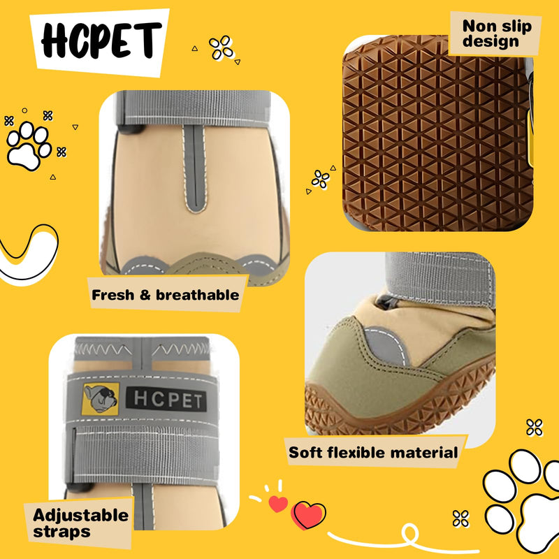 Hcpet Dog Shoes for Large Dogs, Waterproof Dog Booties for Small Medium Dogs, Anti-Slip Dog Boots & Paw Protectors for Hot Pavement Winter Snow Hiking with Reflective Straps Khaki Size 6 #6 (Width 2.36 inch) for 52-68 lbs - BeesActive Australia