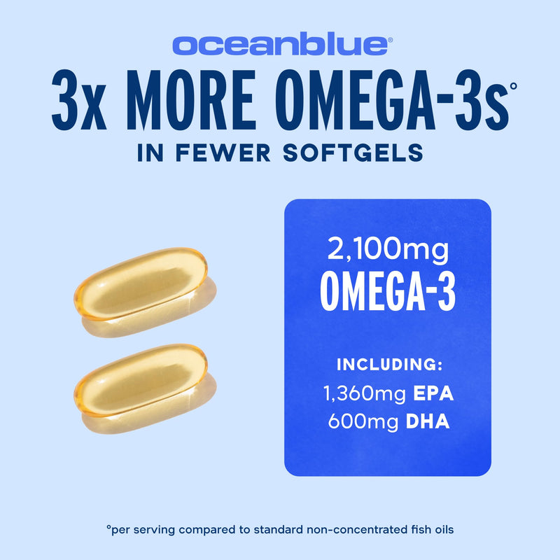 Oceanblue Professional Omega-3 2100 – Triple Strength DPA EPA DHA Omega 3 Supplement – High Potency Burpless Wild Caught Fish Oil – Orange Flavor, 120 Softgels (60 Servings) 120 Count (Pack of 1)