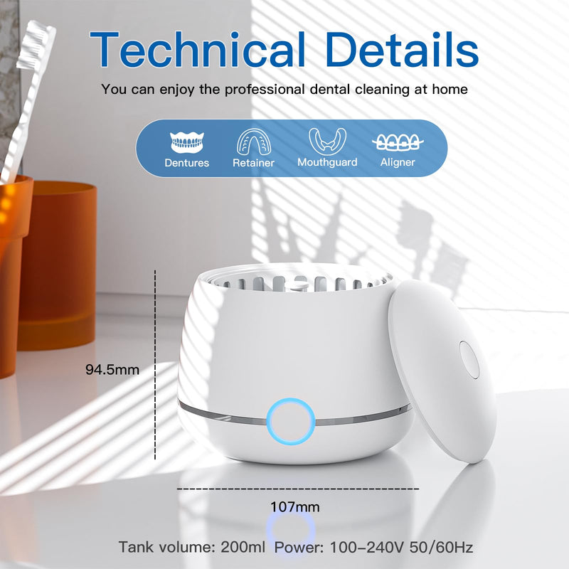 Ultrasonic Retainer Cleaner, 45kHz Denture Cleaner Machine, 5min and 10min Modes with Rechargable Top Cover, 200ml Dental Cleaning Pod, MouthGuard Cleaner for Aligner NightGuard Jewelry(White) White - BeesActive Australia