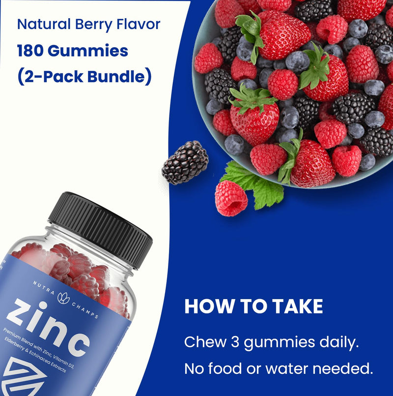 NutraChamps 4-in-1 Zinc Gummies, 50mg Chewable Zinc Supplement Gummies with Vitamin D3 2000 IU, Elderberry & Echinacea, Immune, Heart & Brain Support, 180 Count (Pack of 2)