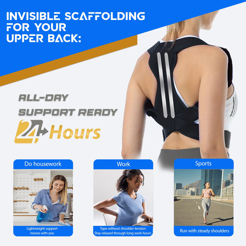 Posture Corrector for Women & Men, Adjustable Back Brace for Neck Shoulder Upper Back Pain Relief, Breathable Back Straightener with Clavicle Support - Strangulation-Free Design Large Black