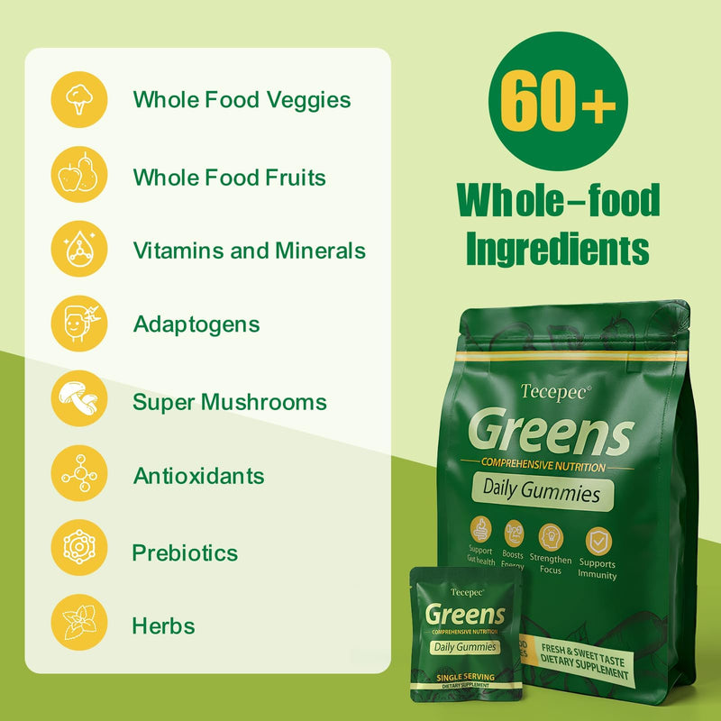 Greens Daily Gummies, Superfood Fruits and Veggies Blend with Spirulina, Chlorella, Prebiotics & Fiber, Adaptogens Multivitamin Supplement for Women & Men Digestive Health, Non-GMO, 240 Count 240 Count (Pack of 1)