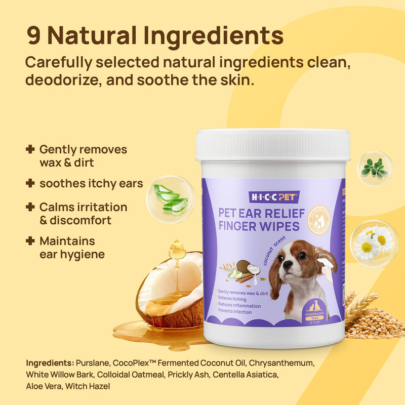 HICC PET Dog Ear Cleaner Wipes, Gentle Removes Ear Wax, Odour and Smell, Soothe Pet Ear Discomfort, All Natural Ingredients Dog Ear Wipes, Coconut Scent, 50 Count Coconut 50 Count