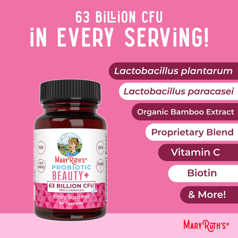MARYRUTH'S Probiotic Beauty Capsules, Gut Health, Vegan Collagen Support | Red Orange Complex & Ceramosides, Anti Aging, Hair Skin and Nails Vitamins 60 Count (Pack of 1)