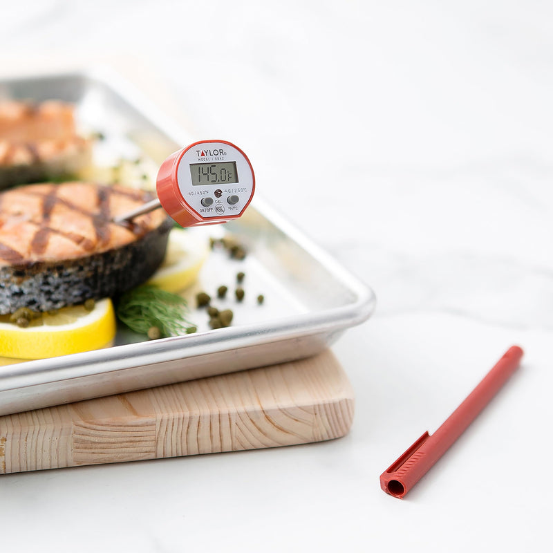 Taylor Waterproof Digital Instant Read Thermometer For Cooking, BBQ, Grilling, Baking, And Meat, Comes With Pocket Sleeve Clip, Red Cooking Digital Quick Read Thermometer