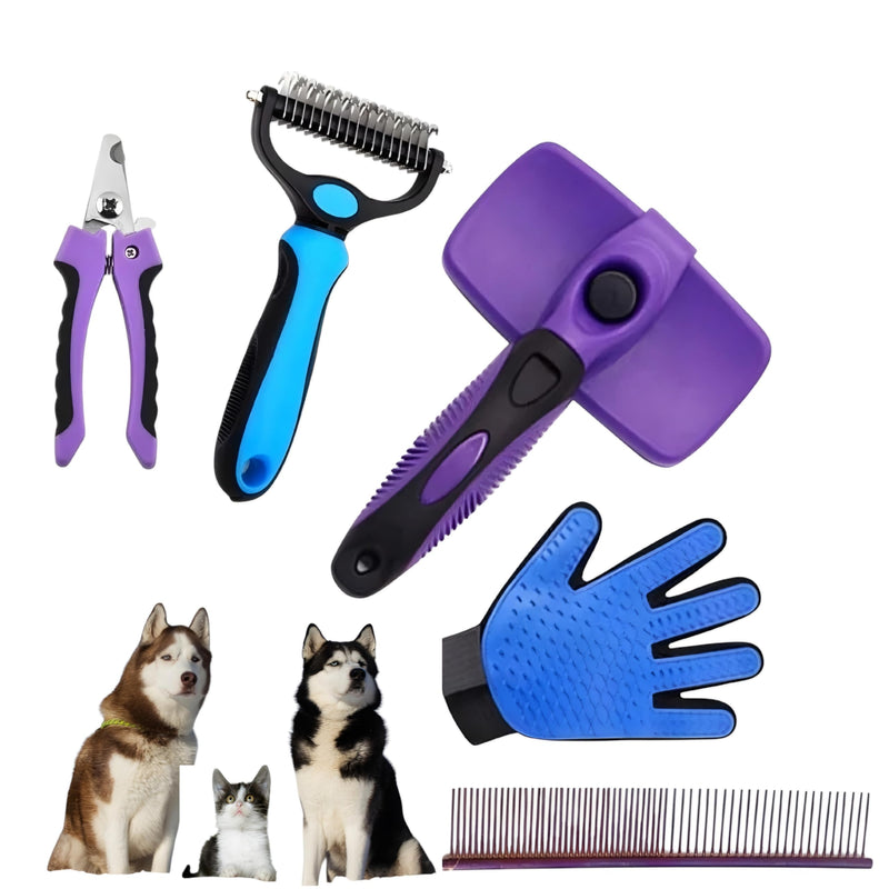 Pet Grooming Kit, 5-Piece Set, Purple and Blue, Includes Self-Cleaning Slicker Brush, Nail Clippers, Grooming Glove, Dematting Comb, Steel Comb - BeesActive Australia