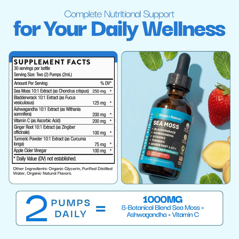 Drops Of Nature Sea Moss Vitality Drops - Strawberry Ginger Lemonade, 60 mL | 7-in-1 Vitality Blend with Seamoss, Ashwagandha, Vitamin C, Tumeric, Apple Cider Vinegar, Ginger & Bladderwrack, Vegan Drops