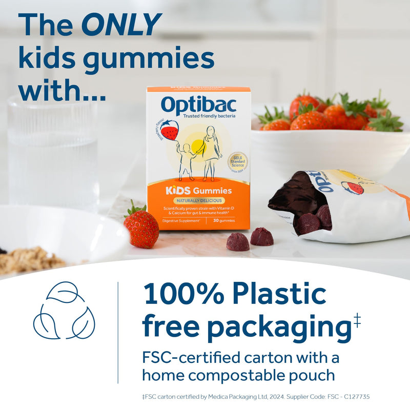 Optibac Kids Probiotics Gummies | 30 Strawberry-Flavored Probiotic Gummies for Kids with Vitamin D & Calcium | 2 Billion Live Cultures | Vegan Children’s Supplement for Digestive & Immune Health