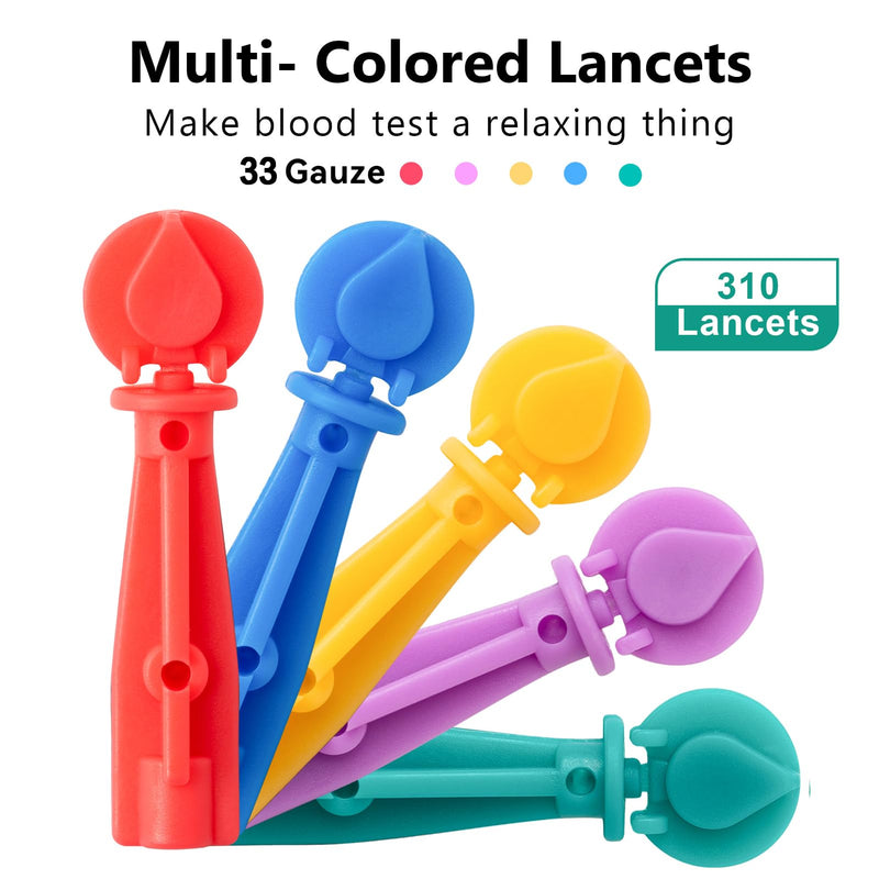 Blood Lancets for Diabetes Testing - 33 Gauge Diabetic Lancets for Blood Testing and Glucose Testing - Fits Most Lancing Devices - 310 Count (Colourful)