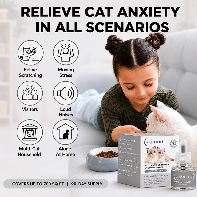 Feline Pheromone Calming Diffuser | Plug-in for Cat Stress, Anxiety, Fighting, Scratching, Over-Grooming, Meowing | Ideal for Multi-Cat Homes | 1 Diffuser + 3 Refills