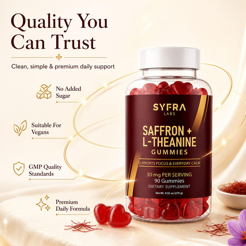 Saffron & L-Theanine Gummies – 200mg L-Theanine + 30mg Saffron Extract per Serving – Supports Calm & Focus – Sugar-Free, Vegan, Berry Flavor – 90 Gummies (45 Servings)