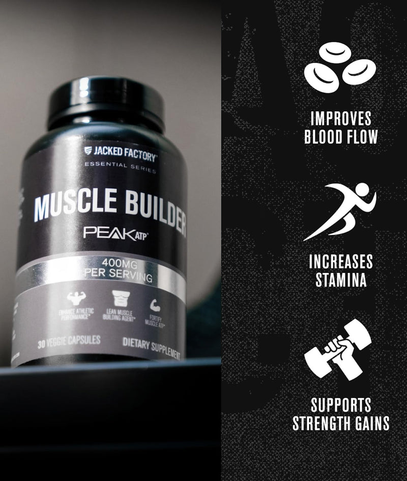 Jacked Factory Essentials Muscle Builder - ATP Muscle Builder for Men with Peak ATP to Support Muscle Gain, Enhance Athletic Performance, & Increase Strength - 30 Capsules - BeesActive Australia