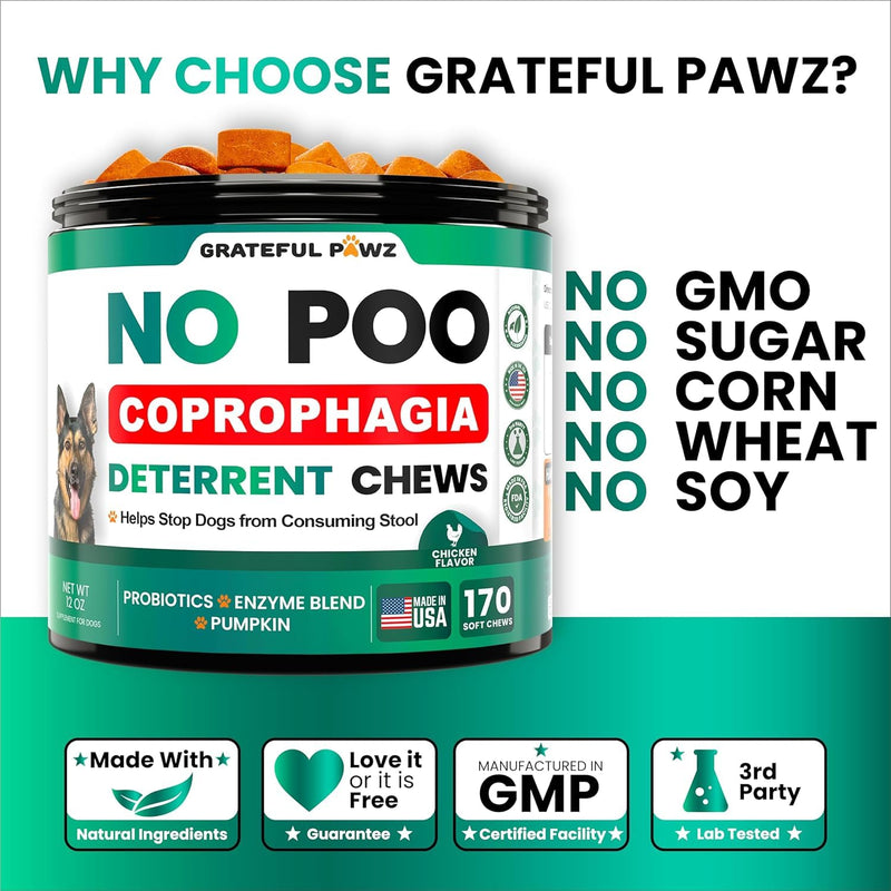 Grateful Pawz No Poo Chews for Dogs - 170 Chews - Coprophagia Stool Eating Deterrent for Dogs Supplement - Prevent from Eating Poop - Probiotics & Digestive Enzymes - Advanced Strength - Made in USA