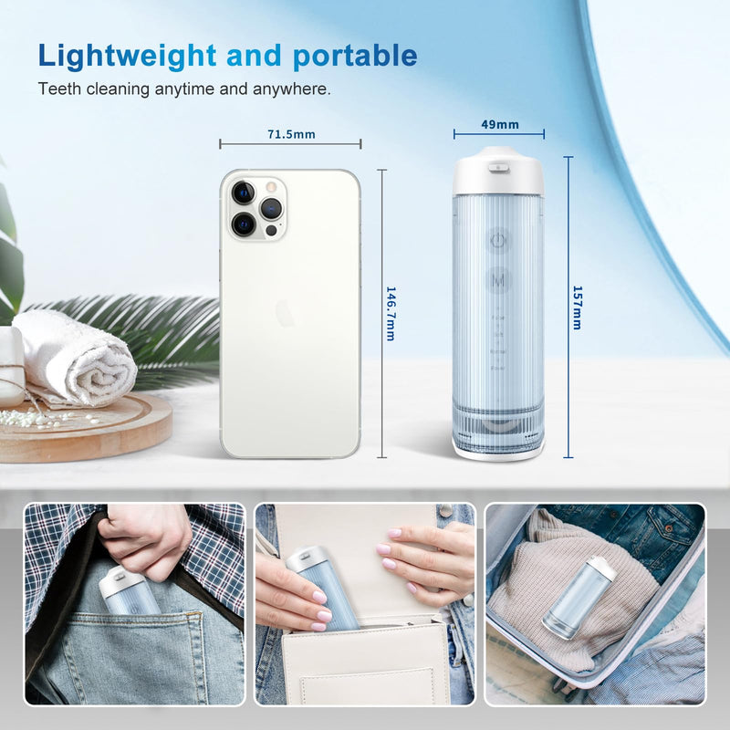 Mini Cordless Portable Water Flosser Oral Irrigator Water Teeth Cleaner Pick, Telescopic Water Tank, 4 Modes & IPX7 Waterproof, Home & Travel Water Flossers for Teeth, Braces Bridges Care. Blue