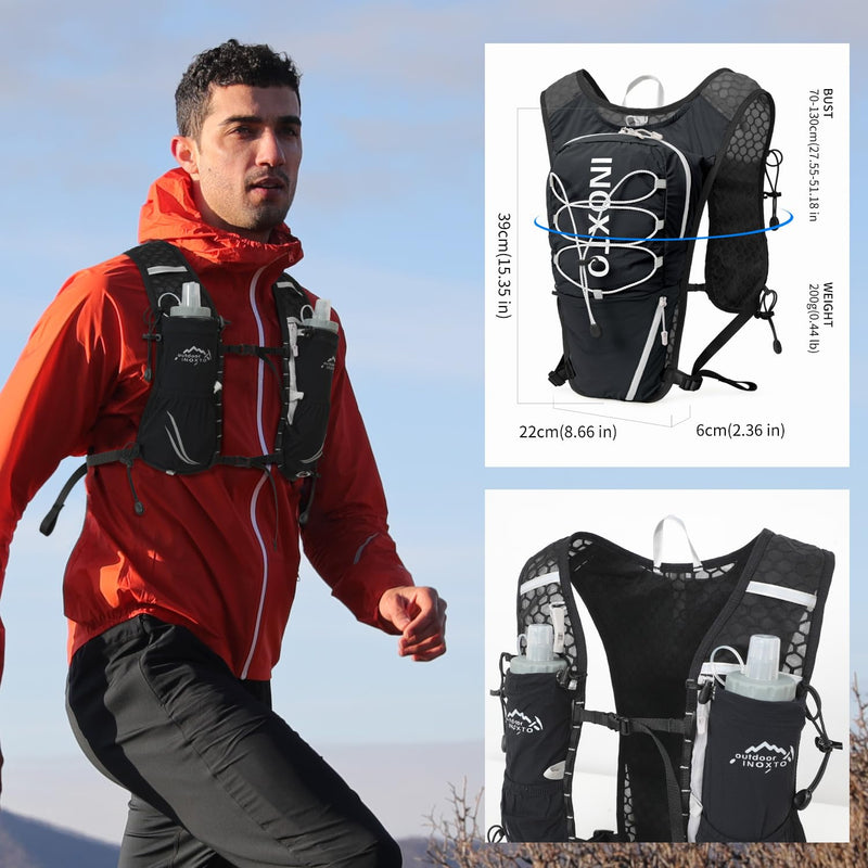 Running Vest for Women Men, Adjustable Chest Straps Running Hydration Vest with 500ml Soft Flask, Lightweight Breathable Reflective Hydration Backpack for Hiking black standard