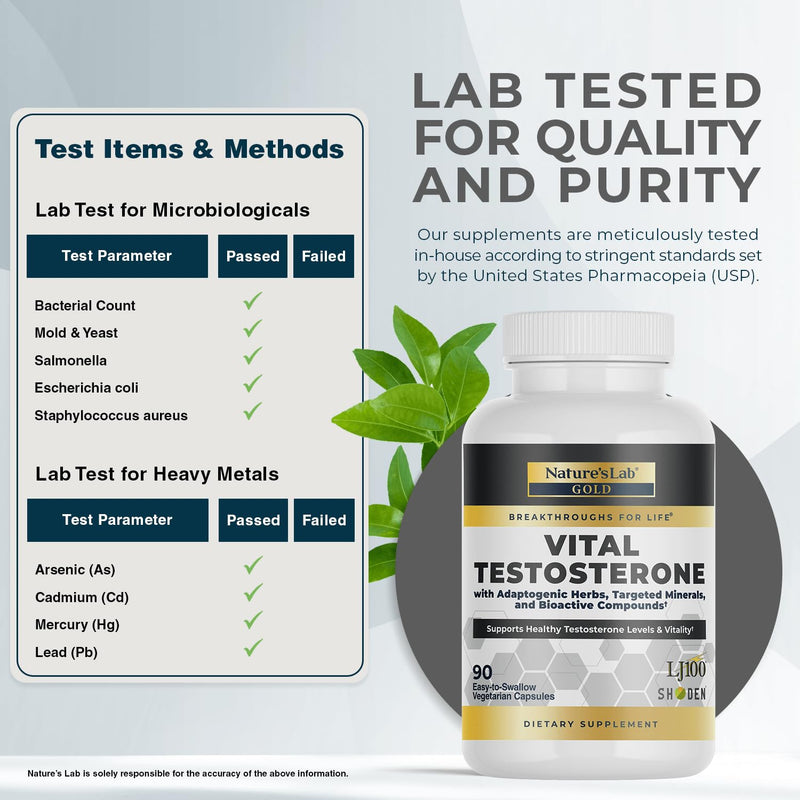 Nature's Lab Gold Vital Testosterone with Adaptogenic Herbs, Targeted Minerals and Bioactive Compounds* - Supports Healthy Testosterone Levels & Vitality* - 90 Capsules (30 Day Supply)