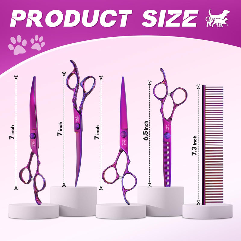 JASON Professional Dog Scissors Set - 6 in 1 Dog Scissors Set, Straight/Curved/Chunker Scissors and Comb for Dog Cat Pet with Adjustable Screw, Purple - BeesActive Australia