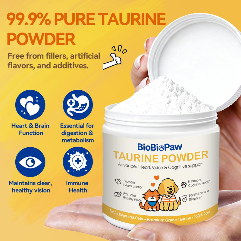 Pure Taurine for Dogs & Cats Taurine Powder Supplement for Pet Puppy Kitty 500mg Unflavored Easy-to-Mix Taurine Supplement for Doggy Supports Immune Heart Vision Skin Vitality Made in USA 200 Grams