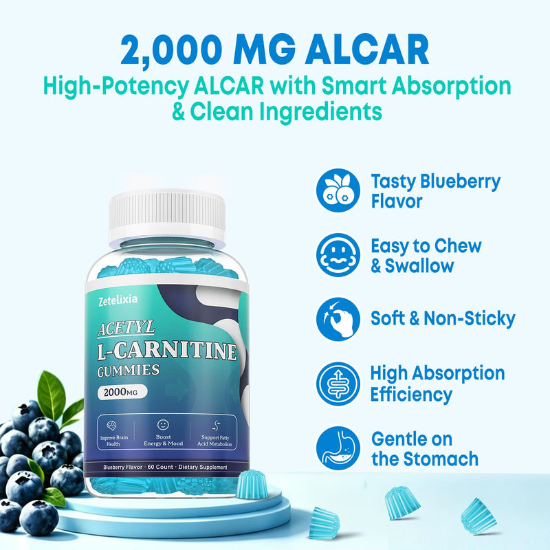 2 Pack Sugar Free Acetyl L-Carnitine Gummies, L-Carnitine Supplement for Women & Men, with Vitamin C & B12, ALCAR for Energy, Brain & Heart Health Support, Vegan, Non-GMO, 120 Count 60 Count (Pack of 2)