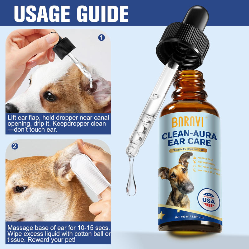 BARAVI Clean Aura Ear Cleaner for Dogs & Cats, 3.38 fl oz (100ml) Natural Formula Nourish & Soothe Pet Ear Care (Blue, S) Blue