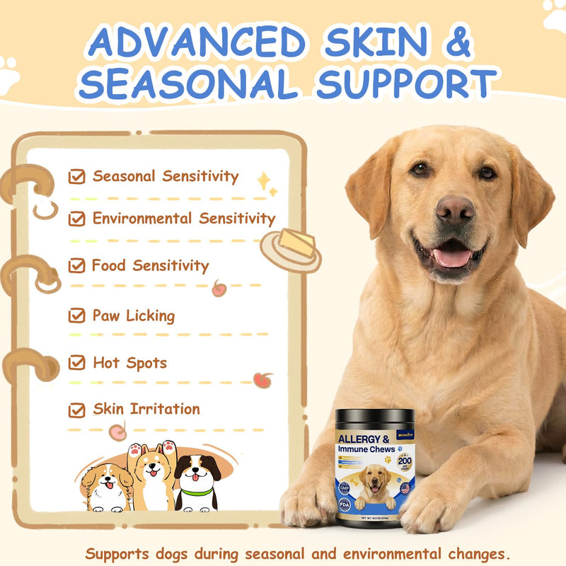 Dog Allergy Chews, Itchy Skin & Paw Licking Support, Probiotics for Dogs, Immune & Gut Health, Seasonal Allergy Formula, Skin & Coat Health, Chicken Flavor Soft Chews, 200 Ct, BlueChampagne