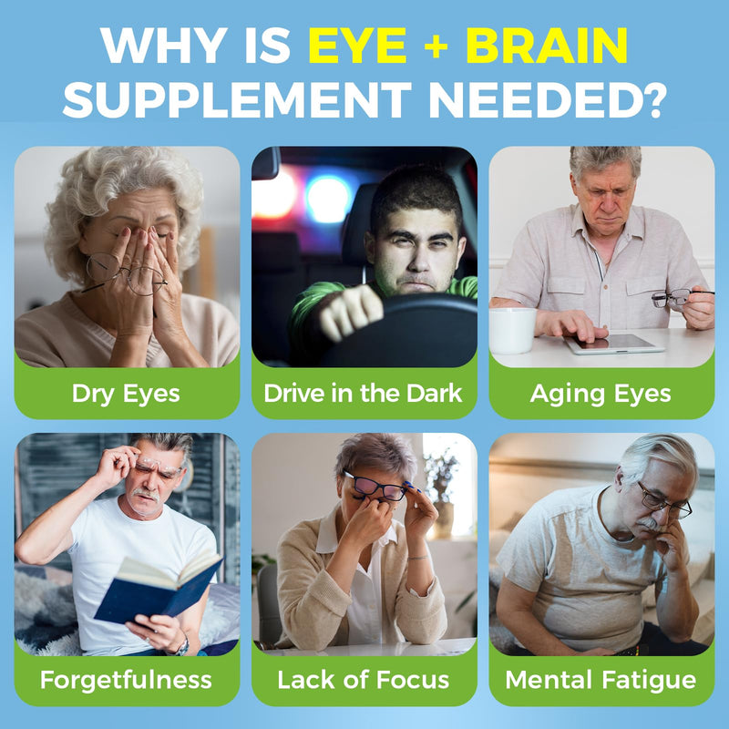 Eye Brain Supplement for Memory & Focus 40mg Lutein Eye Supplements 2 Pack | 14 in 1 Eye Vitamins for Seniors, With Zeaxanthin, Bilberry, Ginkgo Biloba, Lion's Mane & Bacopa Monnieri, Dry Eye Relief 120 Count (Pack of 2)
