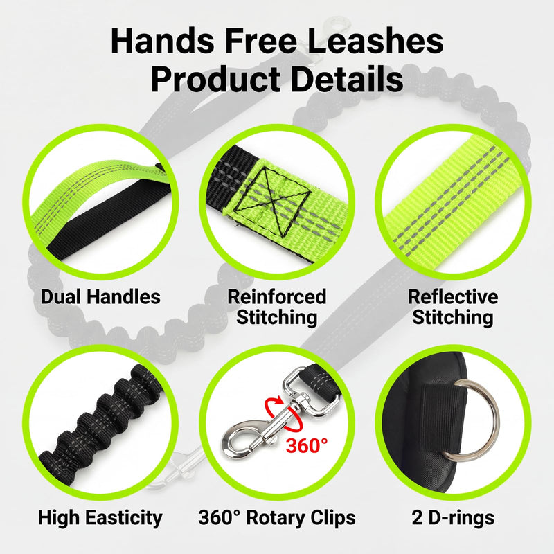 Hands Free Dog Leash 3 Zip Pounchs with Reflective Strips Poop Bag Dispenser,Waist Belt Fanny Pack Waterproof,Dual Handles and Durable Bungee for Dog Walking,Jogging and Running (black-green) black-green - BeesActive Australia