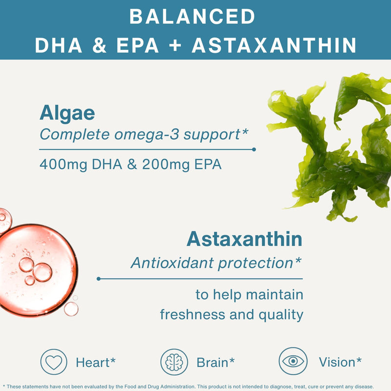 Igennus Vegan Omega 3 Algae Oil, EPA DHA 600mg, 180 Softgels | IAOS-certified triglyceride-form algae oil with 400mg DHA, 200mg EPA and astaxanthin; 90 servings Unflavored 180 Count (Pack of 1)