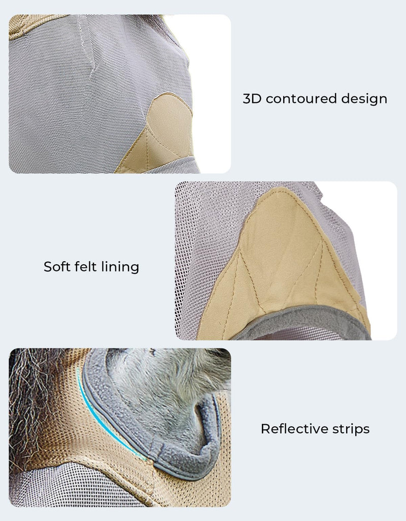 DEERFAMY Adjustable Horse Fly Mask, High-Quility Net Mesh Mask with Large Eye Space,Full Coverage, Soft & Gentle on Skin, No Ears but with Nose (Gold, L) Gold Horse(L) - BeesActive Australia