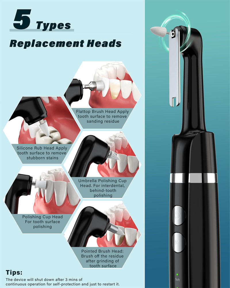 Tooth Polisher, Rechargeable Tooth Whitening Kit for Teeth Cleaning and Whitening, with 3 Tooth Polish Paste and 5 Brush Heads, LED Light, Easy to Use at-Home Personal Dental Care Kit Black - BeesActive Australia