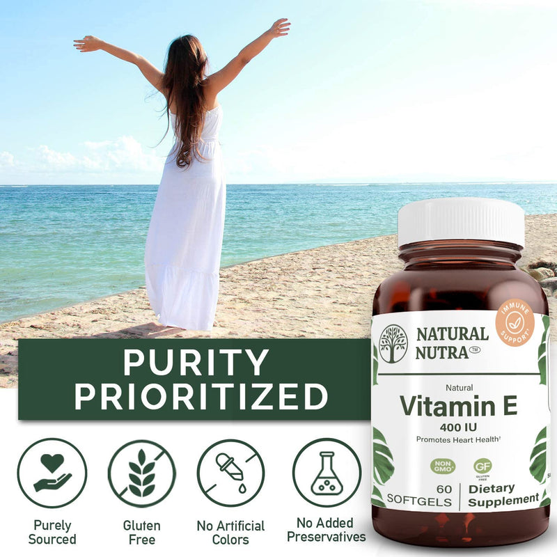 Natural Nutra Vitamin E 400 IU Supplement, 60 Softgels | Helps Heart Health & Protects Skin Texture, Enriches Health Nutrients, Enhances Hair & Nails Growth, Supports Body Fat Level