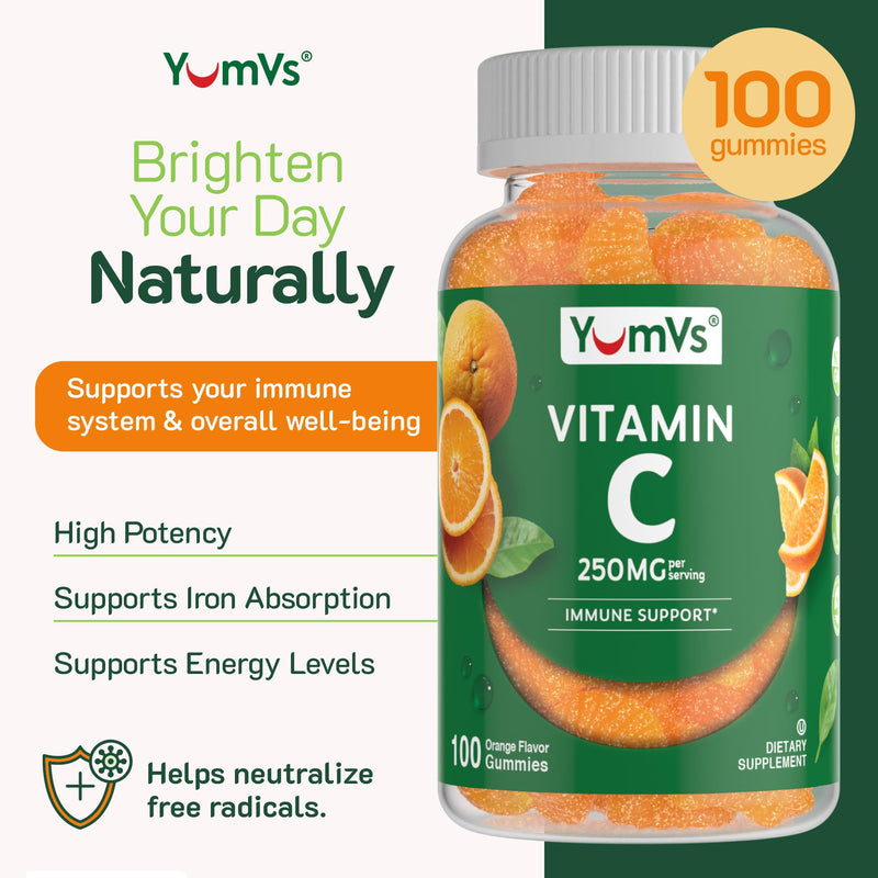 YumVs Vitamin C Gummies for Adults - 250 mg Orange Flavored Vitamin C Gummy - Vitamin C Chewable Immune Gummies for Adults - Immune Support Supplement - Kosher, Halal, Gluten Free (200 Count), 2 Pack 100 Count (Pack of 2)